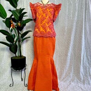 Orange🍊 Inabel Serpentine Terno Gown w/ lace embroidered fully rhinestones